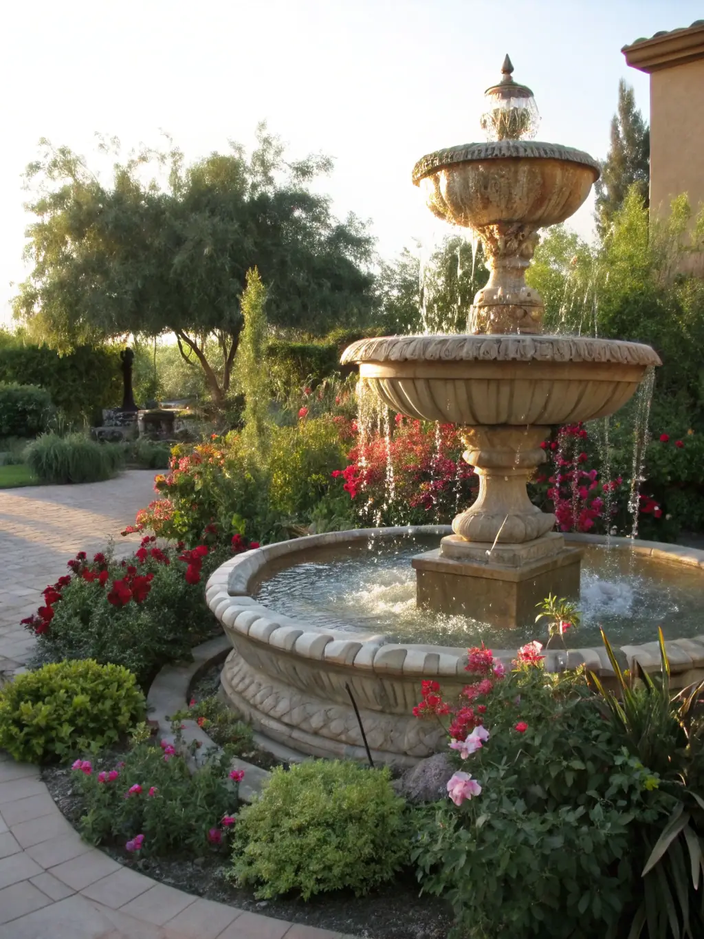 A photograph capturing the successful restoration of a historical fountain in Montguyon, showcasing the fountain's intricate details and the surrounding public space now enjoyed by the community.