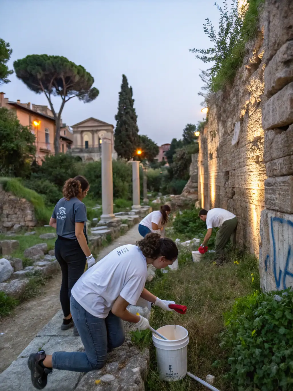 An image of volunteers participating in a heritage cleanup day, showing them collecting debris and maintaining the grounds of a historical site in Montguyon.
