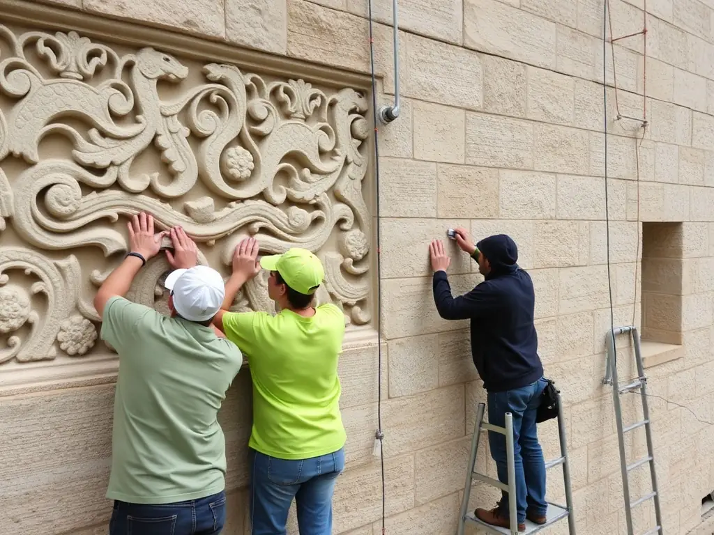 A photograph depicting volunteers working on the restoration of a historical building in Montguyon, showcasing the hands-on preservation efforts of ASSO SAUVEGAR VALORISAT PATRMO MONTGUYON.