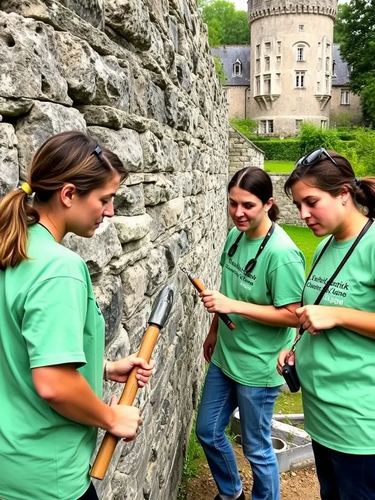 A high-angle photograph of volunteers working on the restoration of a stone wall at the Château de Montguyon, showcasing teamwork and dedication to preserving the historical site.