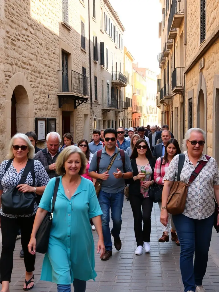 A photo of a guided tour through Montguyon, with a knowledgeable guide explaining the history of the area to a group of tourists.