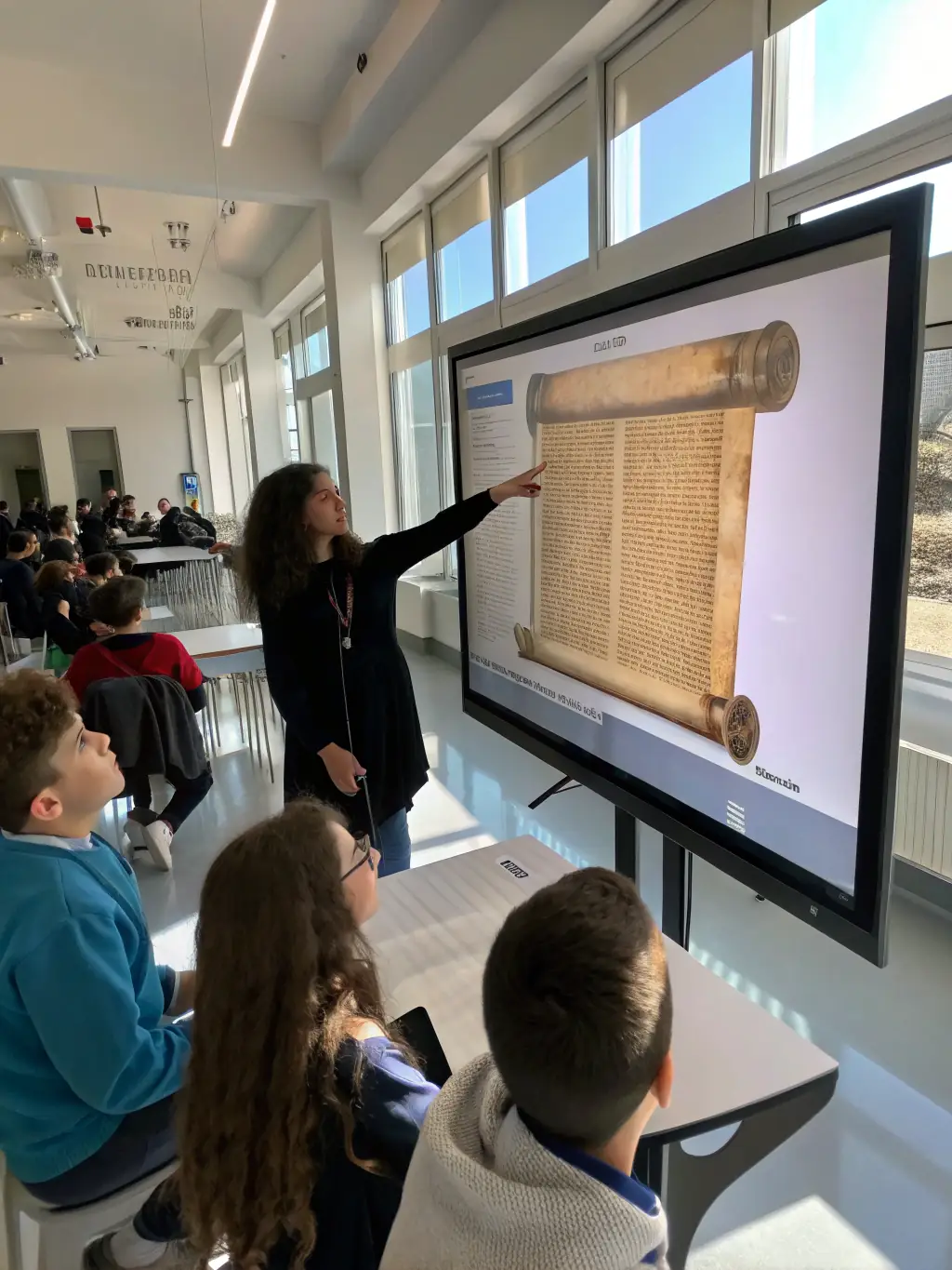 A photo of a cultural education workshop for local students, featuring an expert teaching about the history and significance of a local monument.