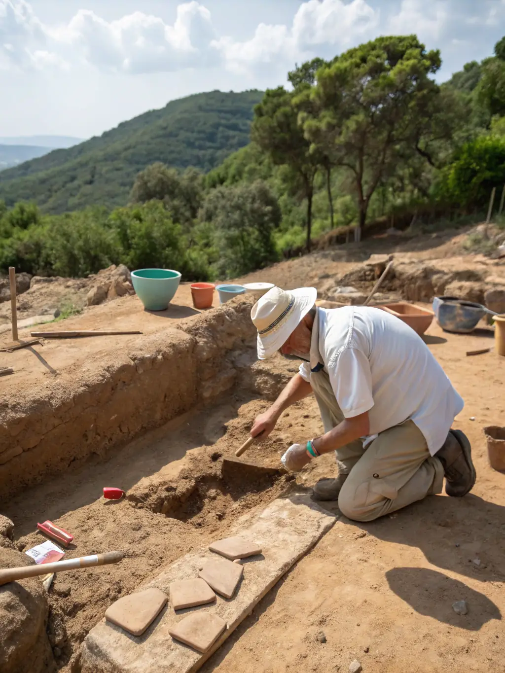 A close-up shot of a volunteer carefully cleaning and preserving an antique artifact discovered during an archaeological dig at a local heritage site.